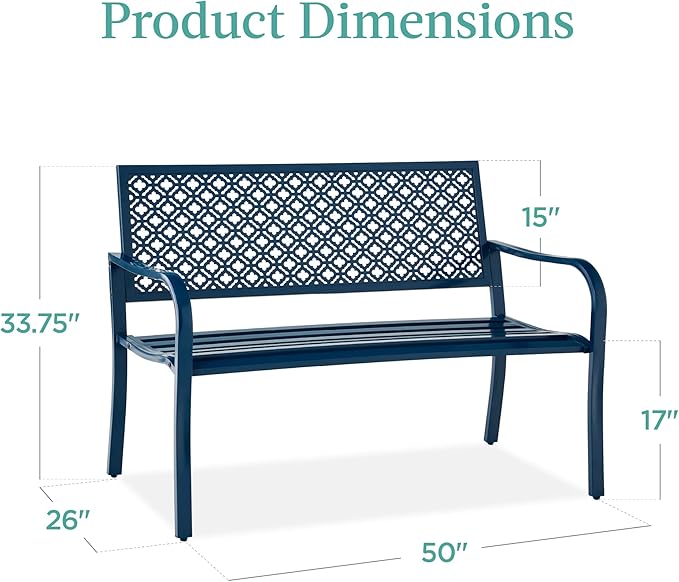 Best Choice Products Outdoor Bench 2-Person Metal Steel Benches Furniture for Garden, Patio, Porch, Entryway w/Geometric Backrest, 790lb Capacity - Peacock Blue BestChoiceProducts