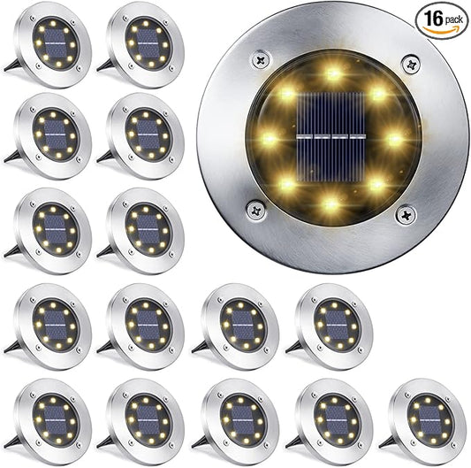 LYHOPE Solar Ground Light Outdoor, 16 Pack 8 LED Solar Disk Lights Waterproof Garden In-ground Pathway Lights Landscape Lighting for Lawn,Yard,Deck,Patio,Walkway (Warm White) LYHOPE