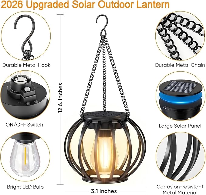 Solar Lanterns Outdoor Waterproof: 2 Pack Metal Hanging Decorative Solar Lights for Pathway Patio Garden Yard - 800mAh Lighting Auto On/Off - IP65 Rustproof Outdoor Lights - Gifts for Mom Women NESSTU