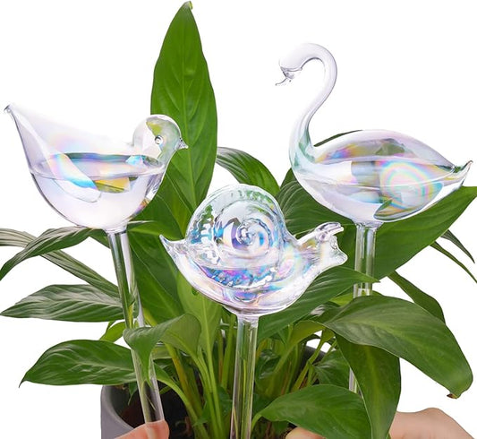 NiHome Glass Plant Self Watering Bulbs 3-Pack Iridescent Pearl Home Potted Planter Watering Bulbs Insert Decorative Devices Vacation Automatic Watering Spikes Indoor and Outdoor (Swan, Snail & Bird) NiHome