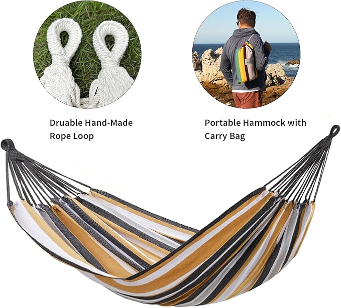 Brazilian Double Hammock with Tree Straps,Extra Large 94x63IN,2 Persons Hammock for Backyard Patio Outdoor and Indoor,450lbs Weight Capacity,Soft Woven Cotton Fabric - Coffee Stripe CHULIM
