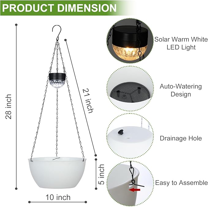BAYN 2 Packs Solar Hanging Basket Planters for Plants Outdoor, Self Watering White Flower Plants Pots with Solar Light Drainer for Balcony Patio Garden Outdoor Decoration BAYN