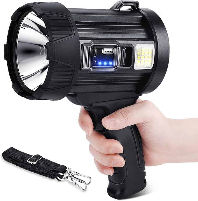 Rechargeable Spotlight, 99000 Lumens Bright LED Spotlight Flashlight, Long Running Spot Light Searchlight, Outdoor Handheld Spotlights with Solar Panels for Hunting,Camping,Boat,6 Spotlight Modes Sigoobal