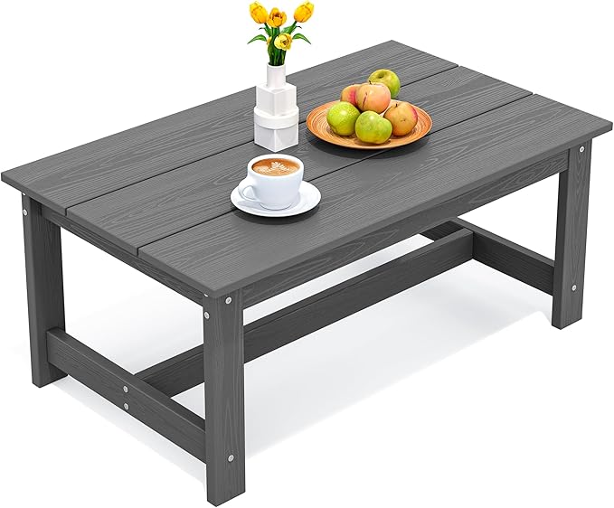 SERWALL HDPE Patio Coffee Table, Rectangle Outdoor Coffee Table, All-Weather Coffee Side Table for Balcony, Poolside, Deck, Garden, Gray SERWALL
