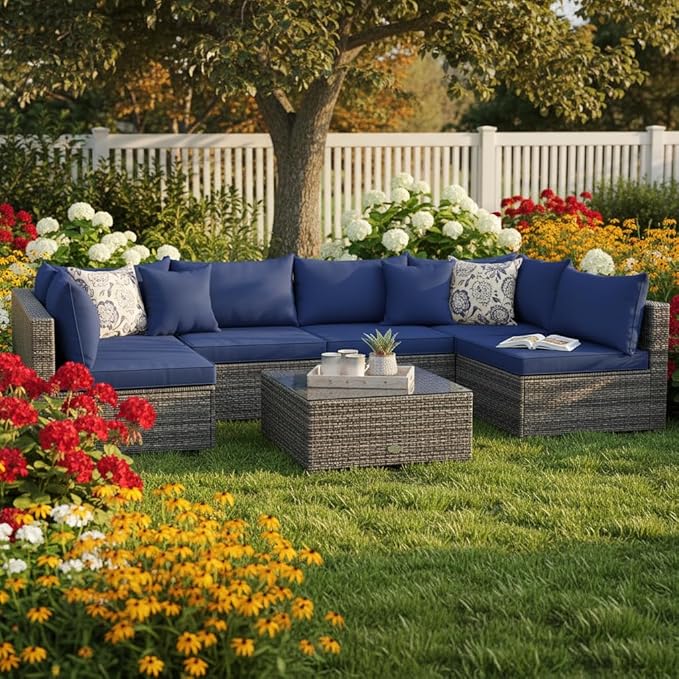 Tangkula 7 Pieces Wicker Patio Furniture Set, All-Weather Outdoor Rattan Sectional Sofa Set with Cushions & Tempered Glass Coffee Table, Outside Sofa Set for Garden, Lawn, Deck, Backyard (Navy) TANGKULA