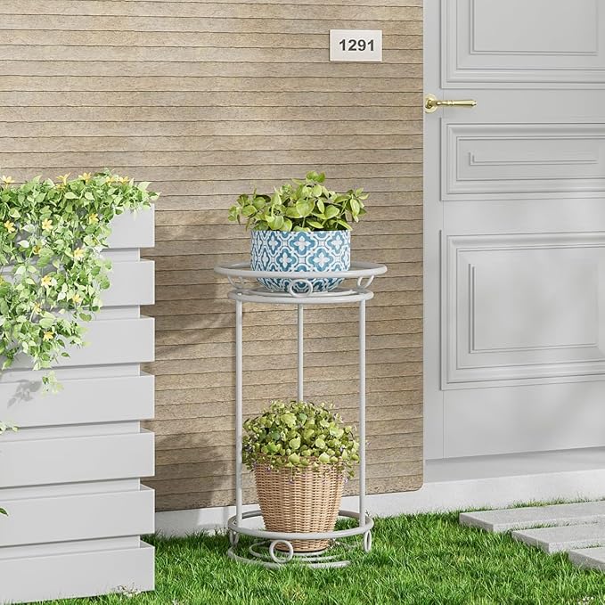 Plant Stand Indoor Outdoor - Metal Planter Holder Shelf Tall Tiered Flower Pot Display Organizer Rack for Garden, Patio, Living Room, Bathroom, Office (White) YIUKEA