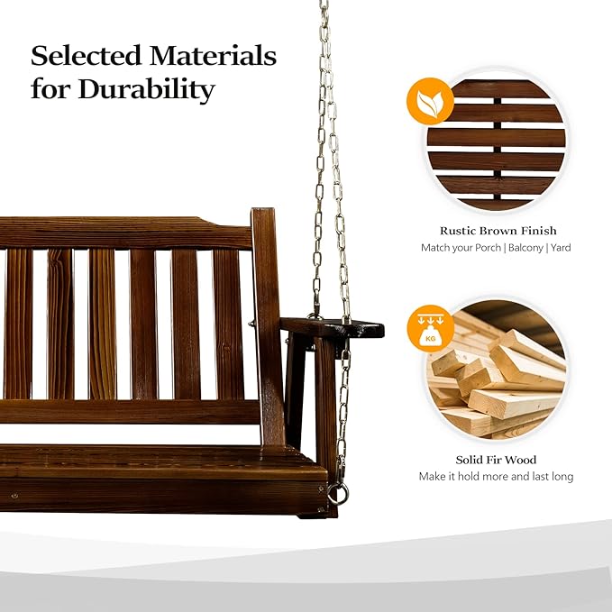VINGLI Upgraded Heavy Duty 880 LBS 4 FT Patio Wooden Porch Swing Solid Fir Wood, Outdoor Handing Swing Bench for Garden | Yard | Balcony | Tree, Rustic VINGLI
