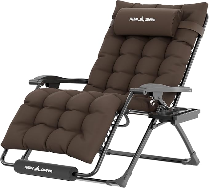 UDPATIO Oversized Zero Gravity Chair 29In XL Patio Reclining Chair with Cushion, Outdoor Folding Recliner with Pillows|Cup Holder|Foot Rest|Padded Headrest, Brown Grey, Support 500LB UDPATIO