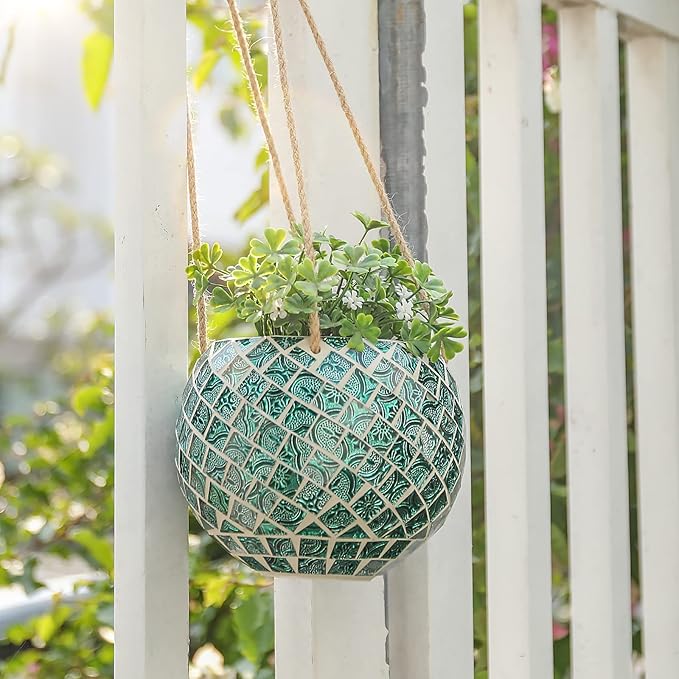 Ceramic Hanging Planter Mosaic Hanging Flower Pot Small Plant Pot for Indoor Plant Disco Ball Planter with Drainage Chonsun