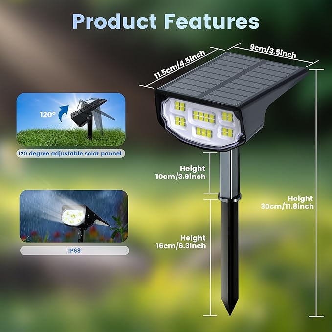 Solar Spot Lights Outdoor IP68 Waterproof, Ultra-Bright Performance，Simple Modes for Easier Operation, Auto On/Off，Solar Powered Landscape Lights for Garden, Yard, Pathway (Cool White, 6 Pack) Home