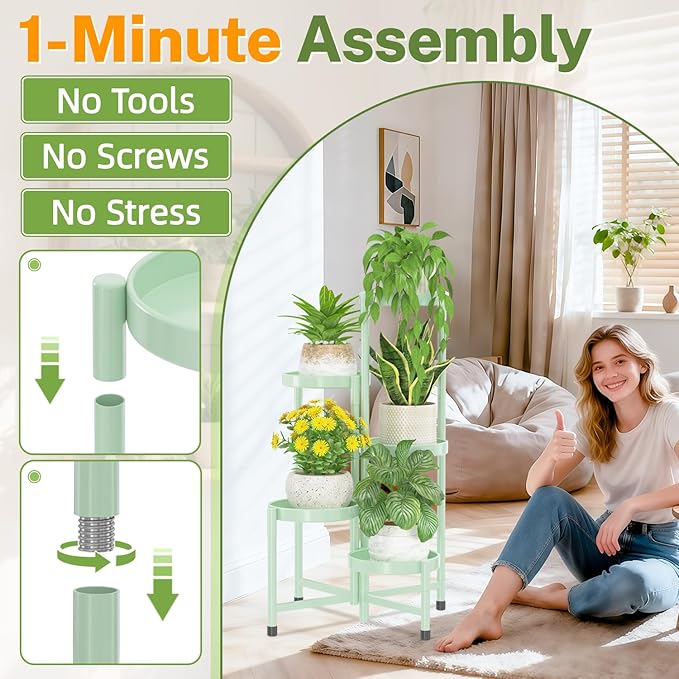 iDavosic.ly Plant Stand Indoor Outdoor, 5 Tier Corner Metal Flower Display Holder Shelf, Easy Assembly Folding Tall Orchid Rack for Patio Balcony Porch Garden Living Room House, Light Green iDavosicly