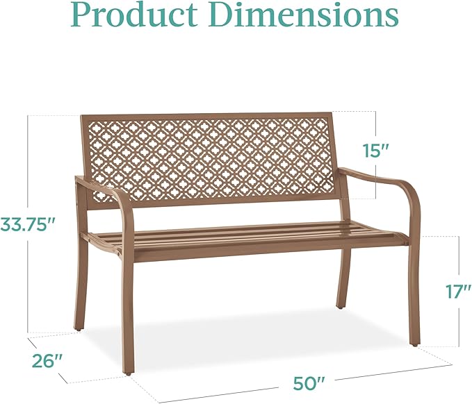 Best Choice Products Outdoor Bench 2-Person Metal Steel Benches Furniture for Garden, Patio, Porch, Entryway w/Geometric Backrest, 790lb Capacity - Taupe BestChoiceProducts