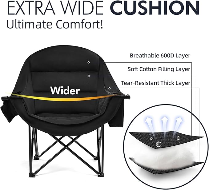 Oversized Camping Chair for Adults - Heavy Duty Outdoor Padded Large Lawn Camp Chair with Cup Holder Cooler Pockets for Sports Beach Fishing Garden Portable Supports 500lbs, AllBlack 2 Pack PUVASIA