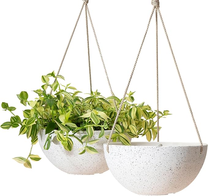 LA Jolie Muse Hanging Planters for Indoor Plants - Flower Pots Outdoor 9.84 inch Garden Planters and Pots,Speckled White Set of 2 LaJol%C3%ADeMuse
