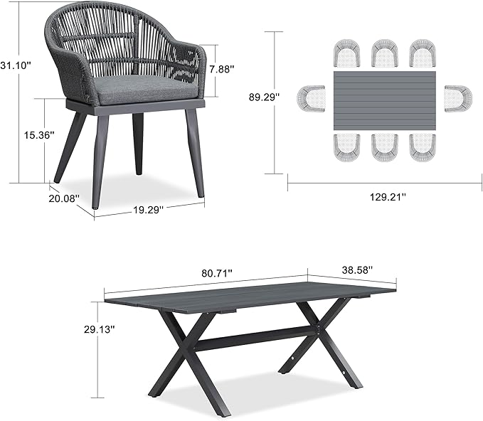 PURPLE LEAF 9 Pieces Patio Dining Set with Outdoor Aluminium Dining Table and Woven Rattan Chairs Modern Metal Furniture Cushions Sets for Garden Yard Indoor Decor Kitchen Gray PURPLELEAF