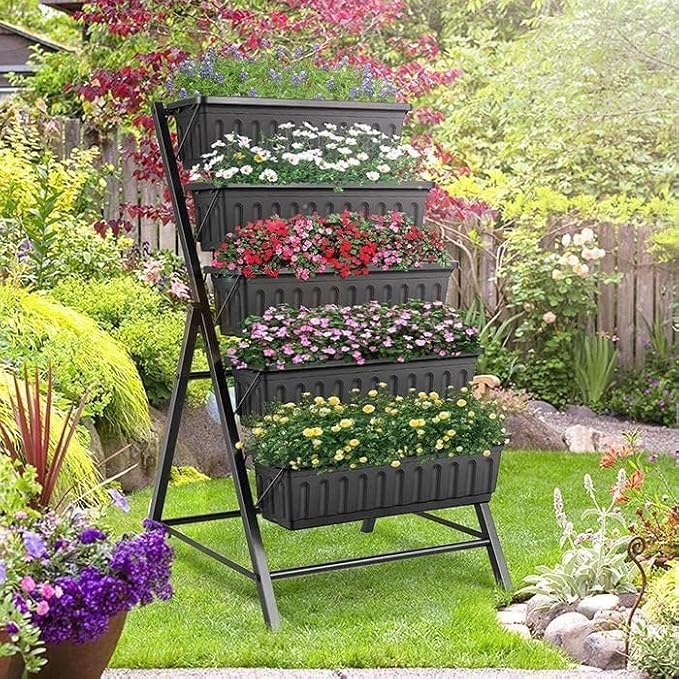 SEJOV 2 Pack Vertical Raised Garden Bed, 5 Tiers Elevated Planter Box for Herbs Vegetables Flowers, Graden Vertical Planter with Drainage System for Patio Balcony Garden Outdoor Indoor Plants, Black SEJOV