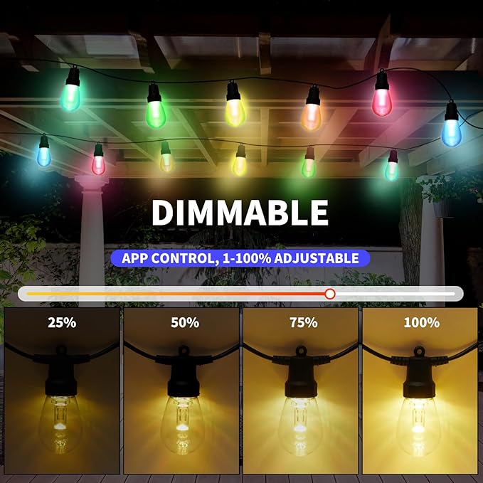 Outdoor String Lights 100FT (2×50FT), Patio Lights with 40 Dimmable RGBW LED Bulbs, IP66 Waterproof & Shatterproof, APP & Remote Control, 24V Adapter, Color Changing Lights for Backyard Decor CAWWS