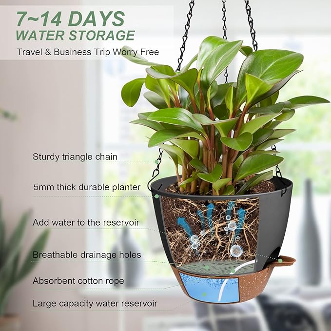Hanging Planters for Indoor Outdoor Plants, 2 Pack Self Watering Hanging Pot with Drainage Holes & Removable Tray (Black, 10'') Vanslogreen