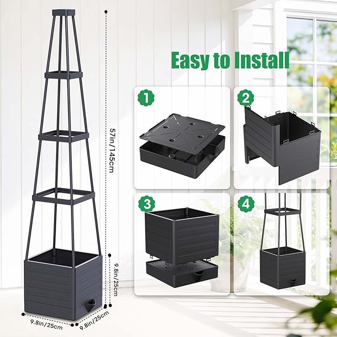 4 Pack Raised Garden Bed Planter Box with Trellis, 57" Self-Watering Tomato Cage Planters for Climbing Plants Vegetable Vine Flowers Outdoor & Indoor (57x9.8x9.8IN) MQHUAYU