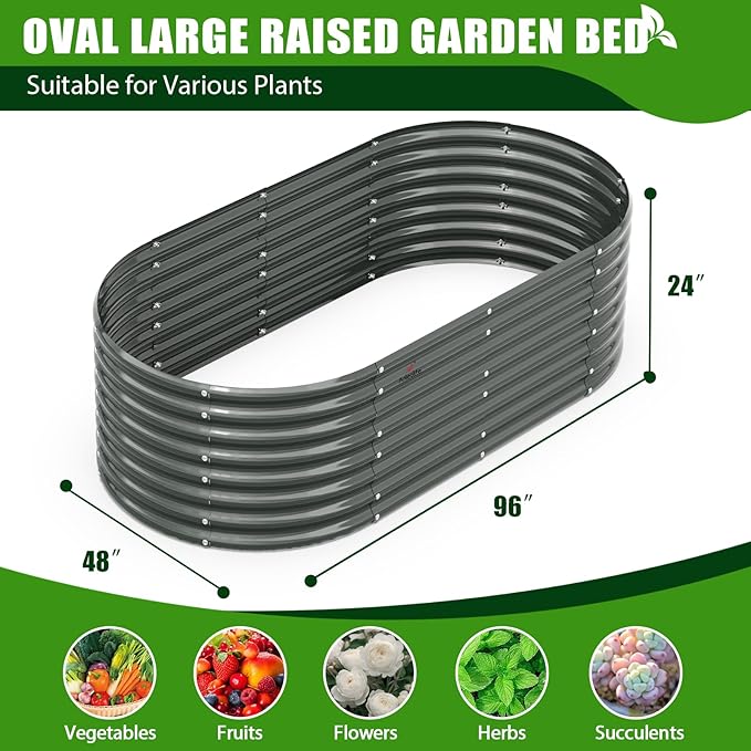 A ANLEOLIFE 7-Set 8X4X2 ft Galvanized Raised Garden Bed Kit, Oval Metal Deep Root Planters for Outdoor Plants, Quartz Grey AAnleolife