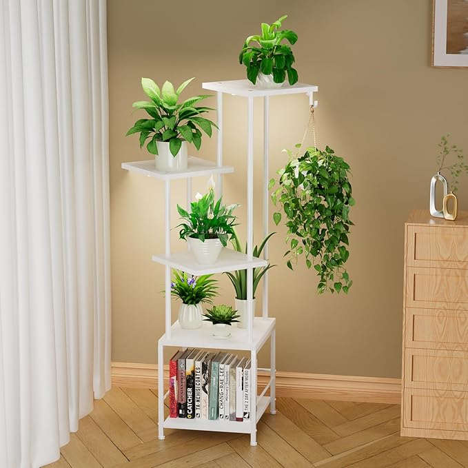 Plant Stand Indoor with Grow Light, 5-Tiered Tall Plant Stand Indoor, Metal Plant Shelf with Hanging Basket Hook and Adjustable Light, Ideal for Living Room, Garden, Patio white Homsorout