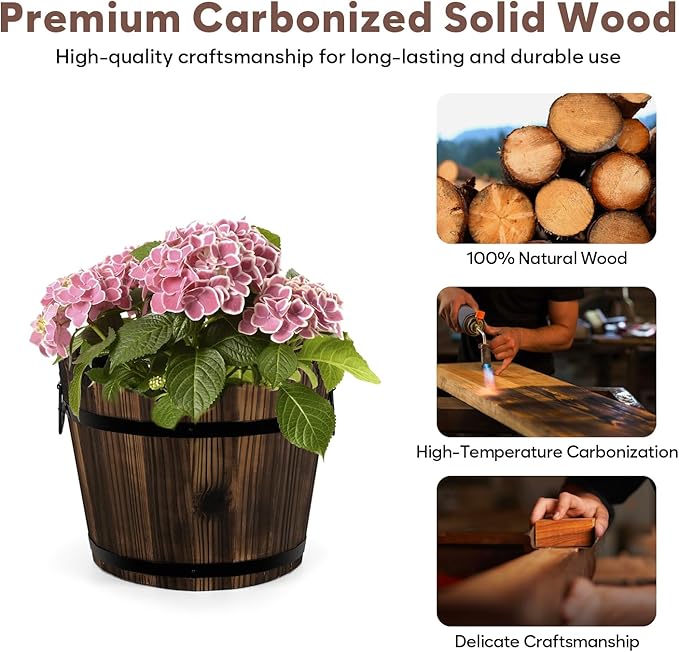 Wooden Barrel Planters Flower Pots for Indoor Outdoor Plants, 10+11.5 inch Rustic Patio Garden Front Porch Planters Plant Pots Outdoor Decor Set of 2 HakkaGirl