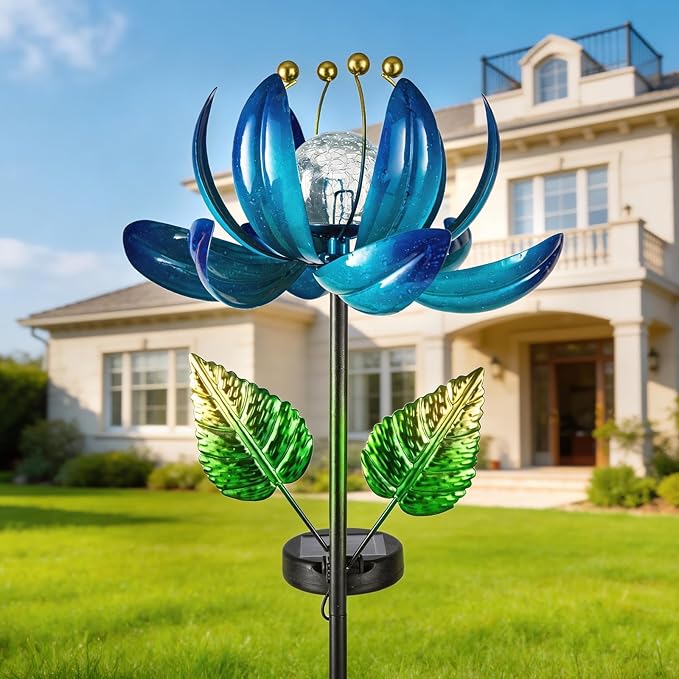 Solar Garden Lights Metal Flower Decor, Colorful Lotus Pathway Spinning Windmill with LED Cracked Crystal Ball Outdoor Decorative Stake Lighting Waterproof Flower Sculpture for Patio Yard AIINY