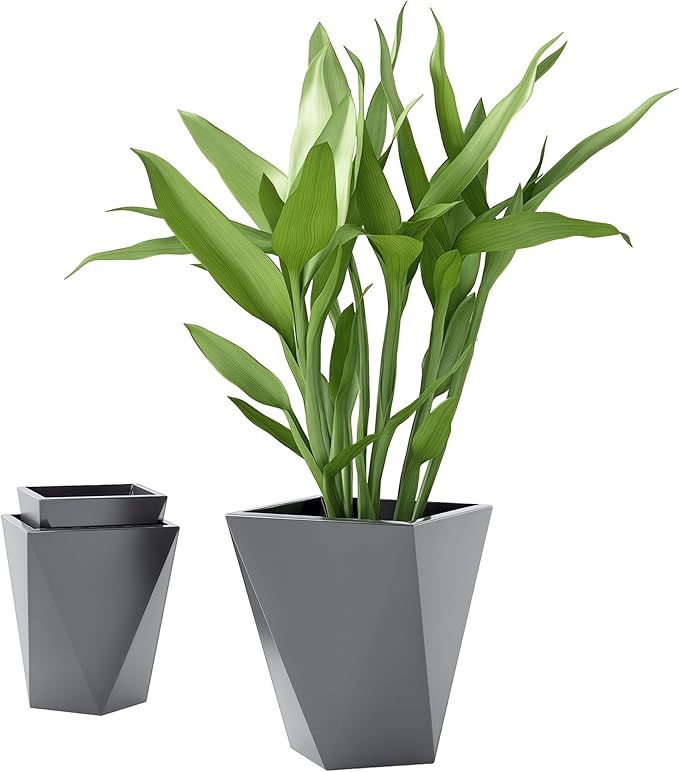 Outsunny Set of 3 Tall Planters, 18", 15.25", 11.75", MgO Indoor Outdoor Planters with Drainage Holes, Stackable Flower Pots for Garden, Patio, Balcony, Front Door, Gray Outsunny