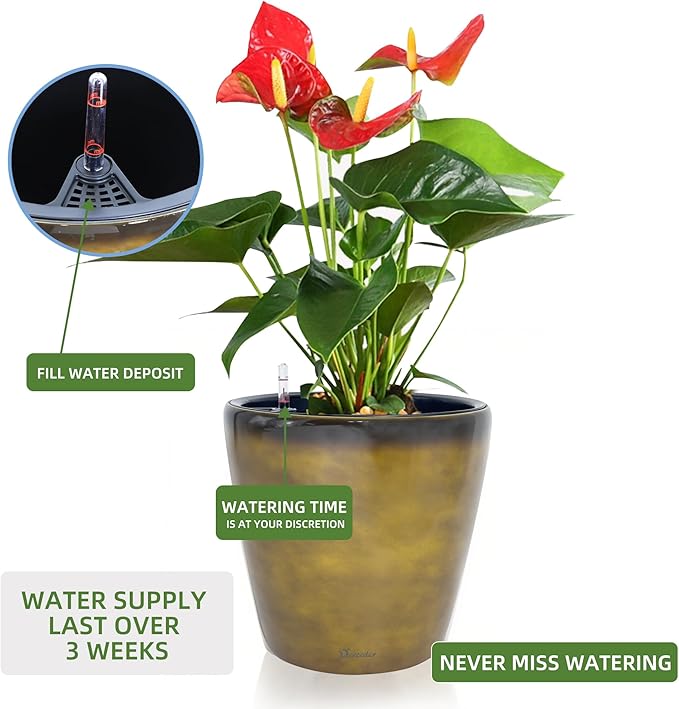Dexceder 13x12 Self Watering Planter with Wheels Indoor Outdoor, Inner Pot Design, Thickened Large Floor Standing Flower Plant Pot with Water Level Indicator (Yellow Brown Gradient) Dexceder