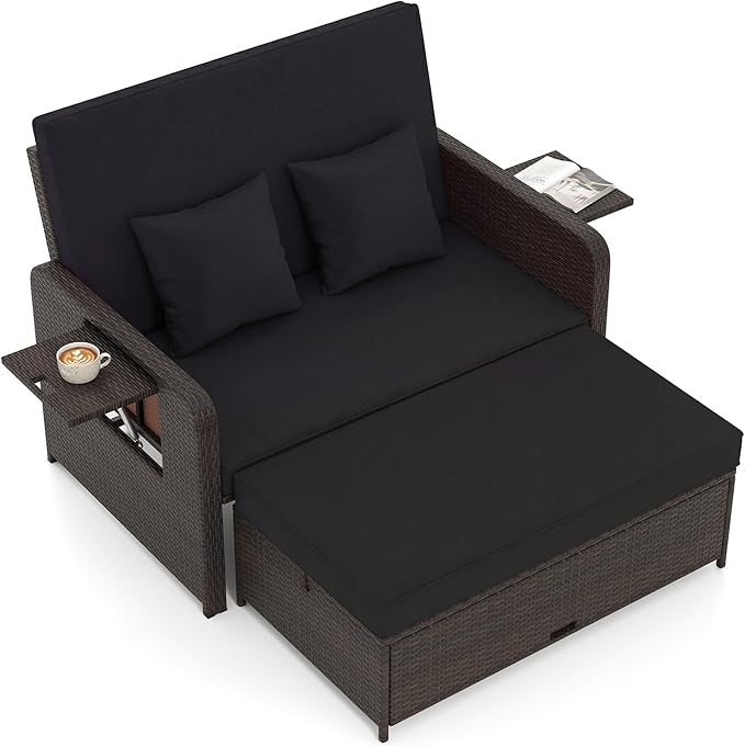 Tangkula Patio Rattan Daybed with 4-Level Adjustable Backrest, Outdoor PE Wicker Loveseat with Storage Ottoman & Folding Side Tray, Double Sunbed Lounger for Balcony, Backyard & Poolside, Black TANGKULA