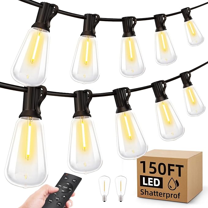 Outdoor String Led Patio Lights - 150Ft 45M Outside Waterproof Light With Remote Dimmable ST38 Shatterproof Bulb Connectable Hanging Outdoor Electric Lighting For Backyard Yard Gazebo Porch Party MGVIH