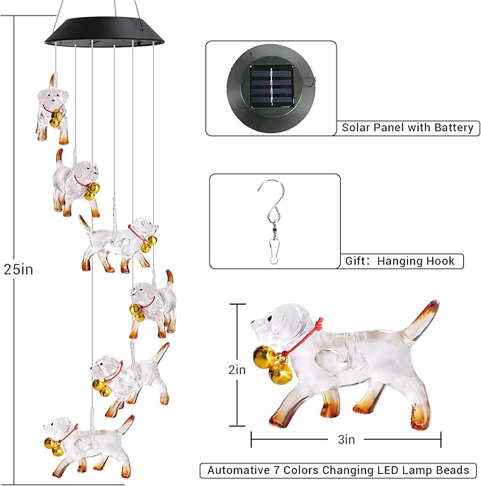 Toodour Solar Wind Chime, Color Changing Wind Chimes Dog, LED Decorative Mobile, Gifts for Mom Grandma, Waterproof Outdoor Decorative Lights for Garden, Patio, Yard, Window Outdoor Decor Toodour