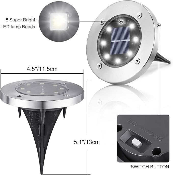 LYHOPE Solar Ground Lights Outdoor, 16 Pack 8 LED Solar Disk Lights Waterproof Garden In-ground Pathway Light Landscape Lighting for Lawn,Yard,Deck,Patio,Walkway (White) LYHOPE
