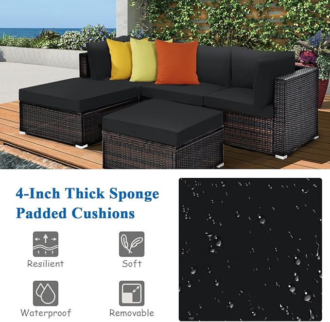 Tangkula 5 Piece Patio Rattan Furniture Set, Outdoor Sectional Rattan Sofa Set with Back & Seat Cushions, Wicker Conversation Set with Tempered Glass Table for Backyard Porch Poolside (Black) TANGKULA