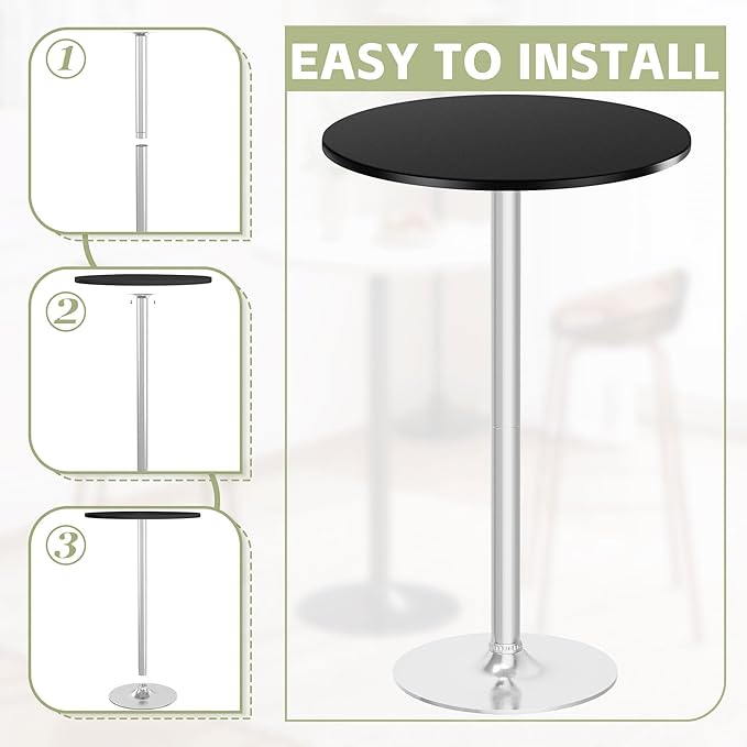 Flamaker Round Bistro Pub Table Modern Style Metal Base MDF Top Cocktail Bar Table Counter Bar Height for Pub, Dining Room, Party (1, Black-Silver) Flamaker