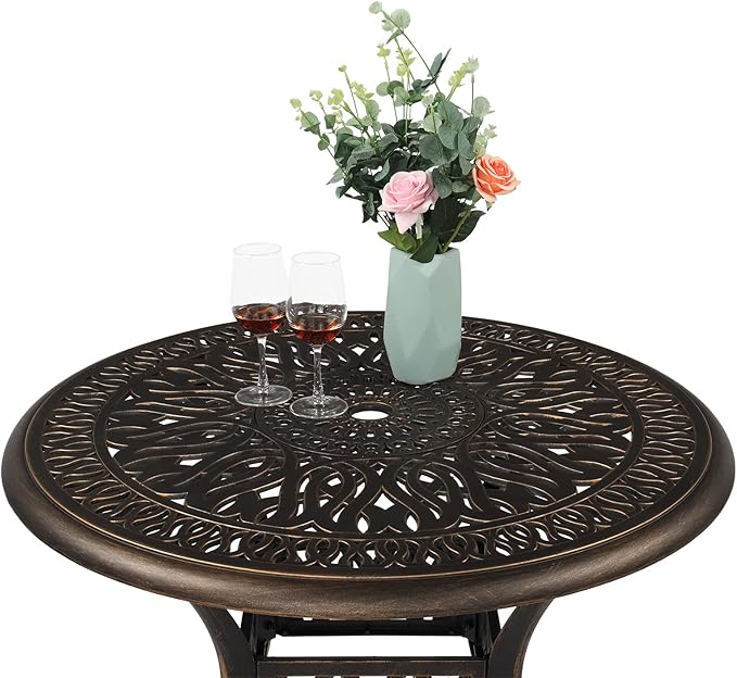 VINGLI 35.4' Dia Patio Dining Table with Umbrella Hole, Cast Aluminum Bistro Table for Outdoor Garden Use (35.4' Dia x 29.5' H) VINGLI