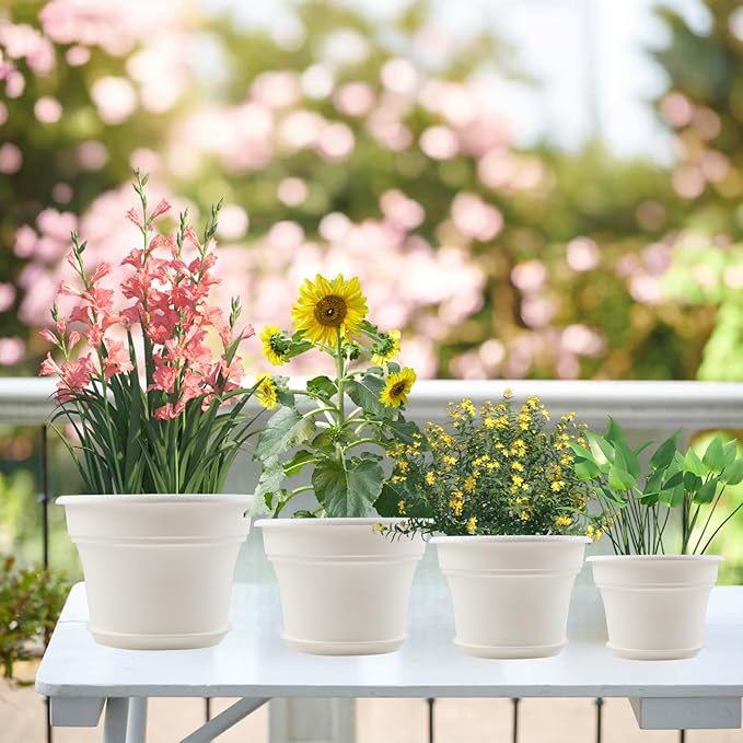 8 Inch Plastic-Flower Pot-for-Indoor Plants, 4 Pack Large Outdoor Planter Pot with Drainage Holes & Saucers, Resin Decorative Garden Pots Planters Pottiffe