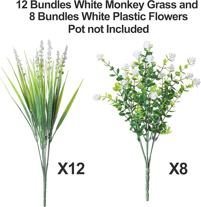 HyeFlora 20 Bundles Artificial Fake Outdoor Plants Flowers for Spring Decoration, UV Resistant Realistic White Plastic Flowers Faux Plant Monkey Grass for Planter Home Garden Porch Patio Window Box HyeFloraartificialflowers