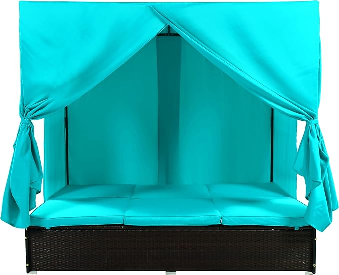Patio Chaise Lounge, PE Rattan Outdoor Patio Wicker Sunbed Daybed with Adjustable Seats, Four-sided Canopy, Overhead Curtain and Blue Cushions for Backyard, Garden, Poolside (for 2-6 people) HarperBrightDesigns