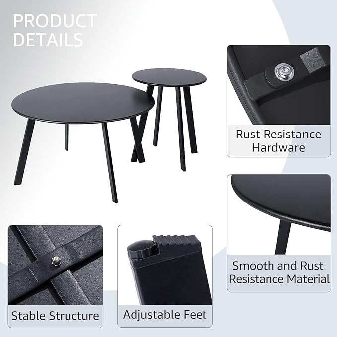 Patio Outdoor Coffee Table Set of 2 - Weather Resistant Outdoor Round End Table Modern Coffee Tables for Living Room Balcony Home Office (Black) Juserox