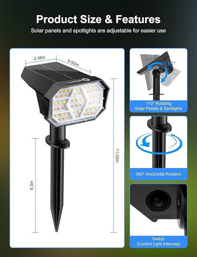 Brightown 4Pack Solar Spot Lights Outdoor [Cool & Warm Light 2-in-1], IP67 Solar Lights Outdoor Waterproof with 1800mAh, Two Mounting Methods Outdoor Solar Lights for Yard, Garden and Pathway Brightown
