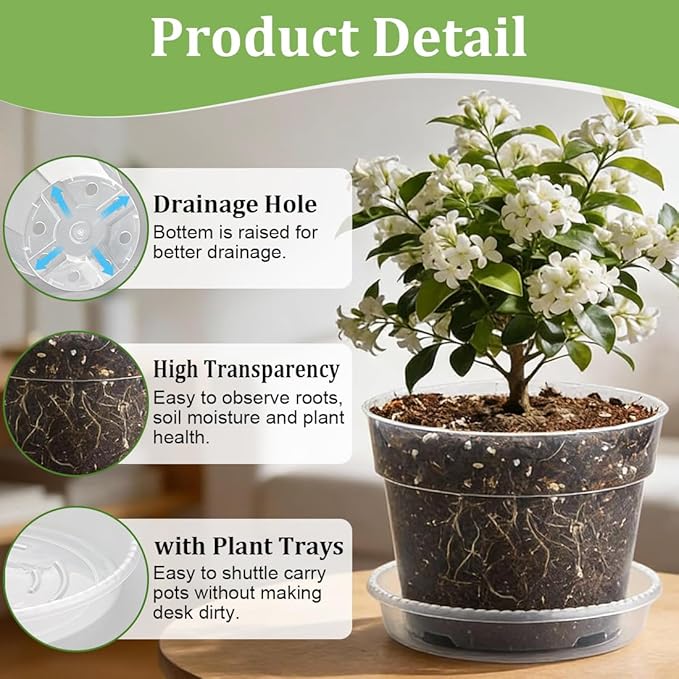 15 Pack 8/7/6 Inch Clear Nursery Pots with Saucer, Transparent Plastic Plant Pot with Drainage Hole, Sturdy Planting Starter Pots for Gardening Flower Herb Vegetable RooTrimmer