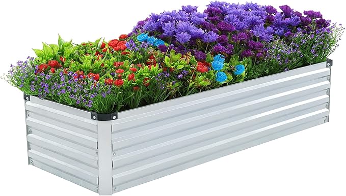 2 Pack 4x2x1FT Galvanized Raised Garden Bed Kit, Outdoor Metal Planter Box for Vegetables, Bottomless Rectangular Gardening Bed with Support Rods, Tool-Free Assembly, Silver Meberam