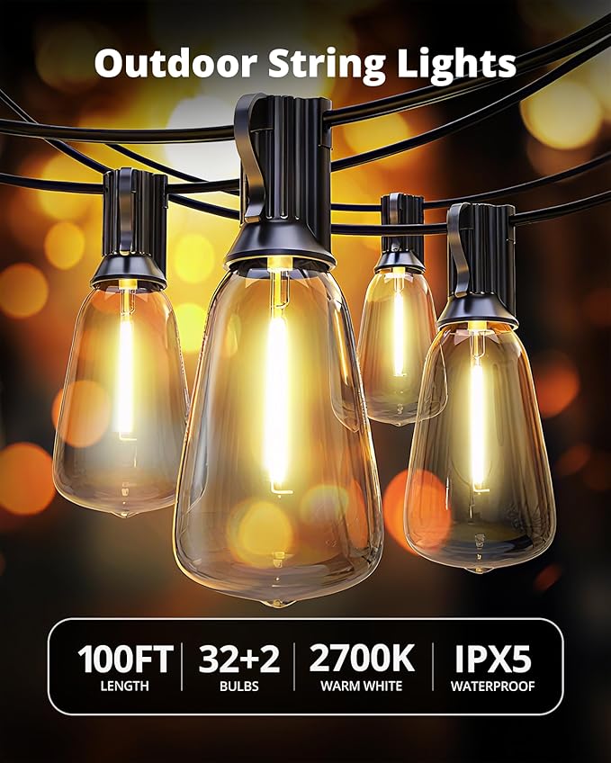 VIPAR LED Outdoor String Lights, 100FT Patio Lights with 32 Edison Shatterproof Bulbs, IPX5 Waterproof Outside Hanging Light Connectable for Backyard Porch Balcony Garden Deck Decor, E12 Base, Black VIPAR