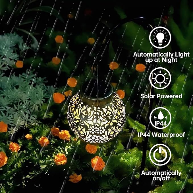 2 Pack Outdoor Solar Hanging Lantern Lights Metal LED Decorative Lamp for Garden Patio Courtyard Lawn and Table with Hollowed-Out Design (Antique Bronze) ExcMark