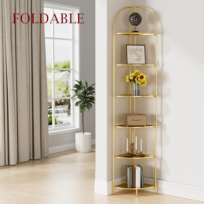 Crofy Foldable 6 Tier Corner Shelf, Metal Corner Plant Stand with Gold Frame and Gold Shelves, Corner Display Rack Multipurpose Shelving Unit for Living Room, Bedroom, Bathroom CrofyLLC