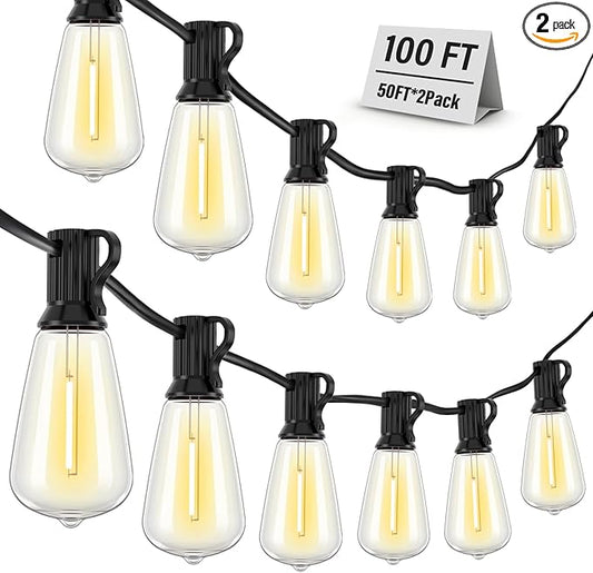 Outdoor String Lights Waterproof, 100FT (50FT 2Pack) Patio Lights Outdoor with 54 ST38 Edison Bulbs (4 Sqare), Hanging Lights with Plug in Cord for Porch, Backyard, Bistro, Garden, 2700K Doukedge