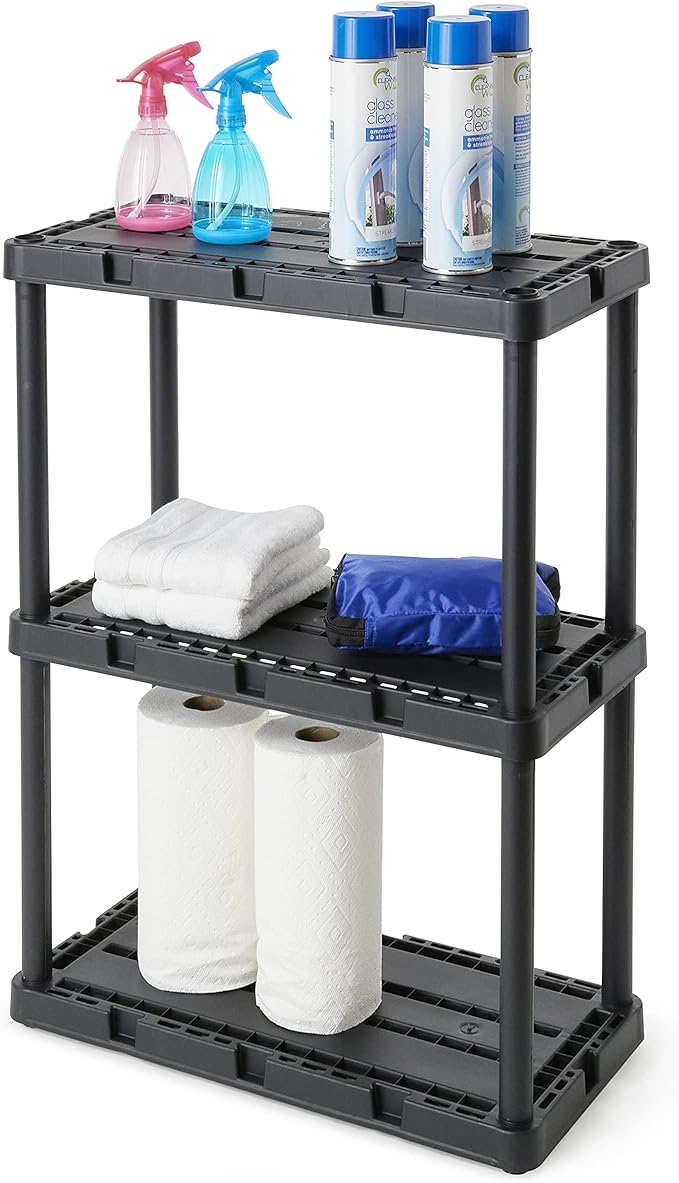 Gracious Living 3 Pack Light Duty Storage Shelves, Knect-A-Shelf 3-Shelf Ventilated Shelving Rack Organizer for Home, Garage, Basement, Laundry, Black GraciousLiving
