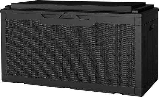 JUMMICO 100 Gallon Resin Deck Box with Cushion, Waterproof Outdoor Storage Box with Lockable Lid for Garden Tools, Patio Cushions (Black) JUMMICO