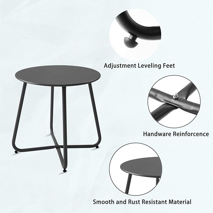 Patio Small Side Table Waterproof Round Metal Steel Weather Resistant Portable Outdoor and Indoor End Table for Garden Balcony Yard, Black Meluvici